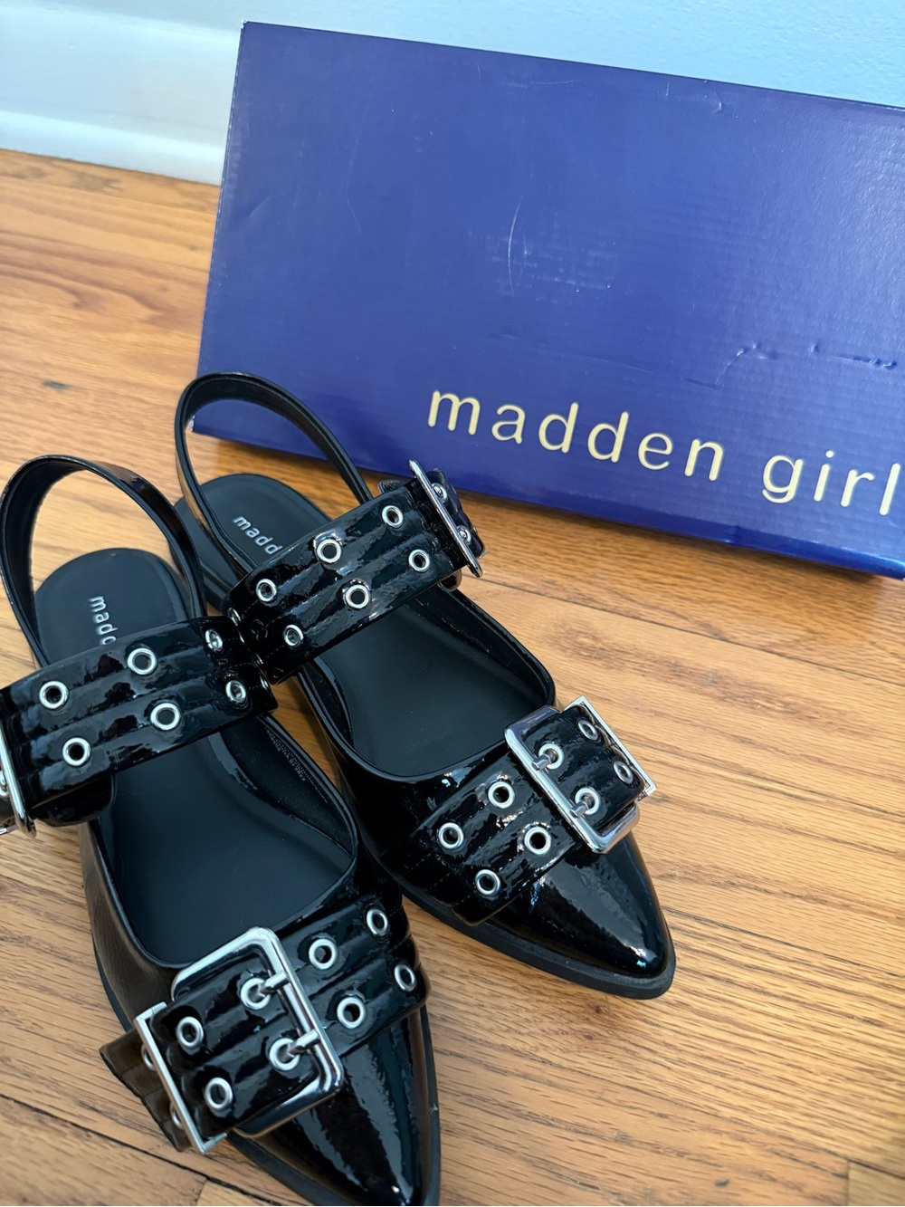 Madden Girl Black Buckle Flats